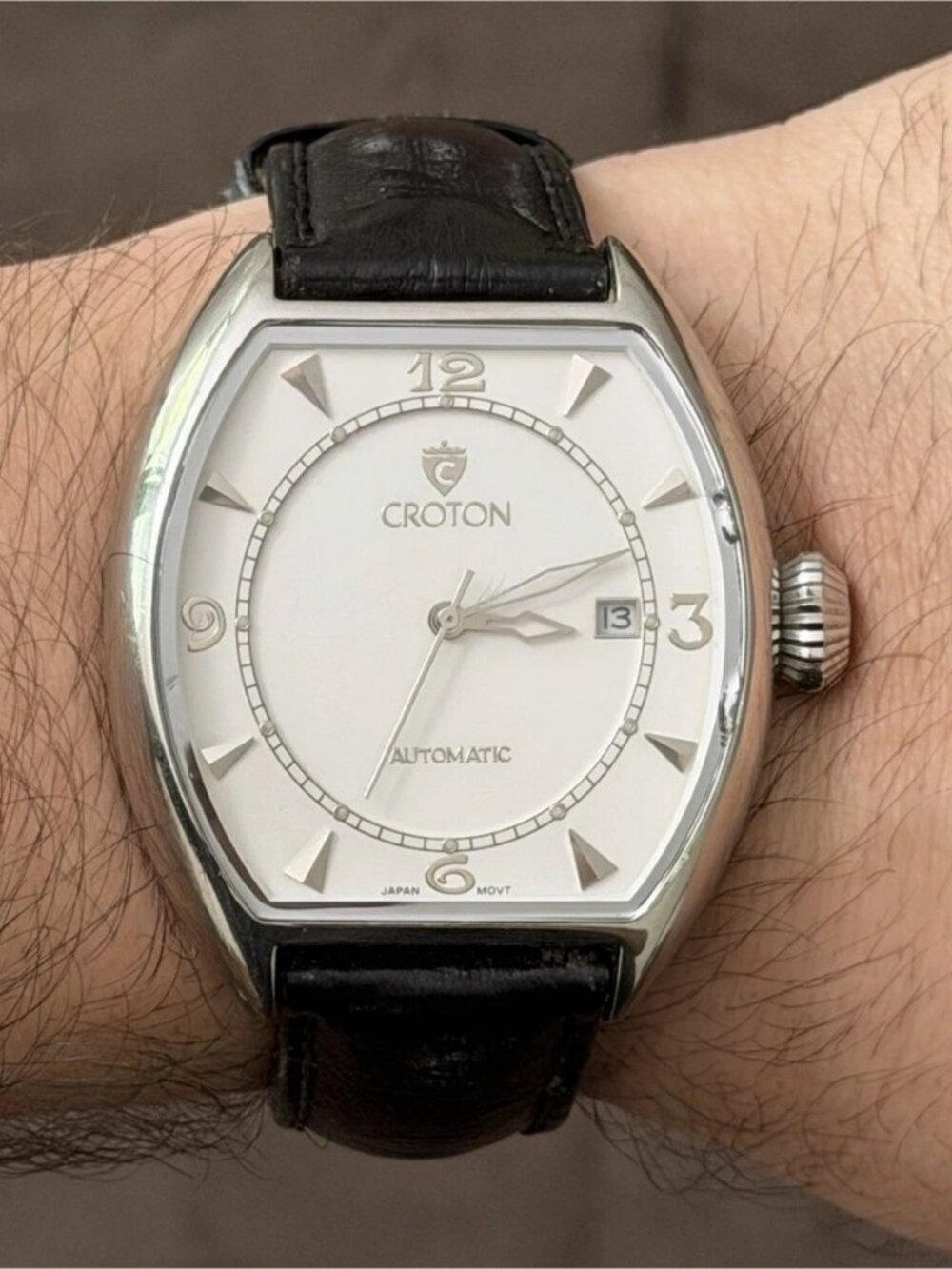 Croton Men's Automatic 21J Tonneau Watch White Dial Date Silver/Black Leather